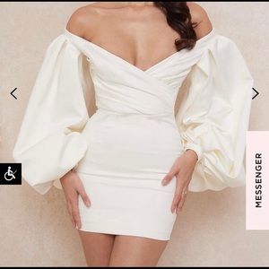 House of CB Ivory Satin Balloon Sleeve Dress
